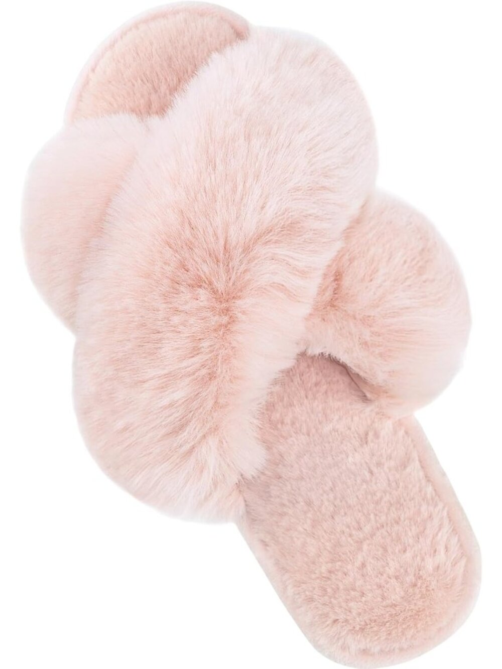 Women's Light Pink Fuzzy Cross Band Slippers Memory Foam House Shoes Slip On